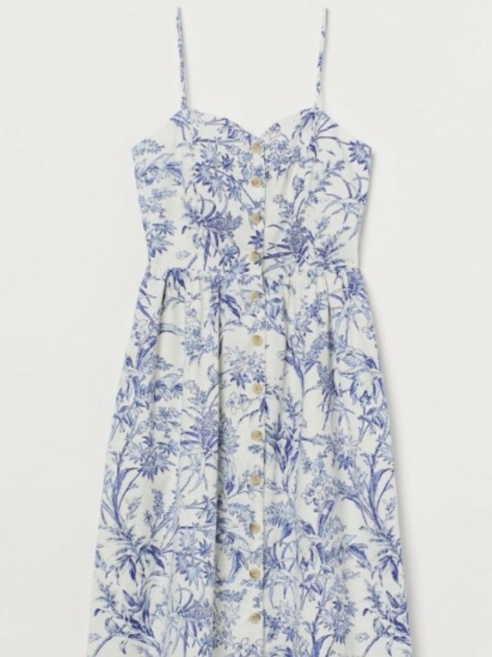 H&M Blue and White Floral Bird Linen-Blend Midi Dress
